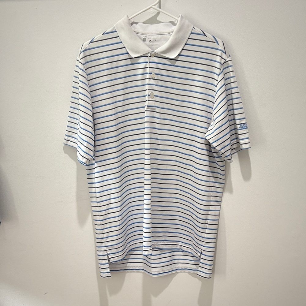 adidas White and Blue Striped Polo Shirt